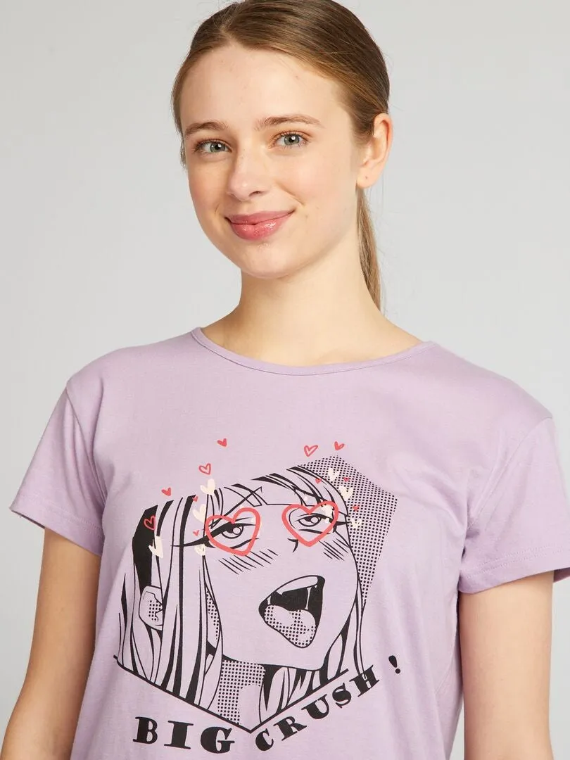 PIJAMA CORTO ESTAMPADO MANGA  2 PIEZAS  PURPURA
