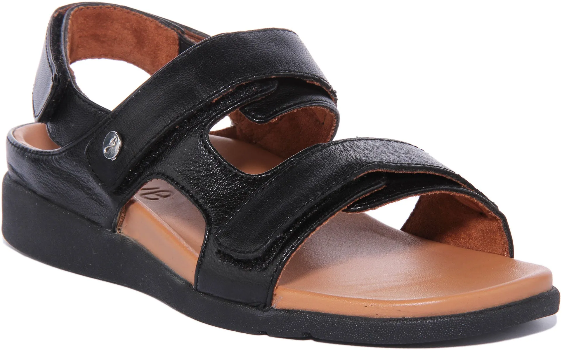 Strive Aruba Sandalia de cuero con tres correas ajustables para mujer en negro