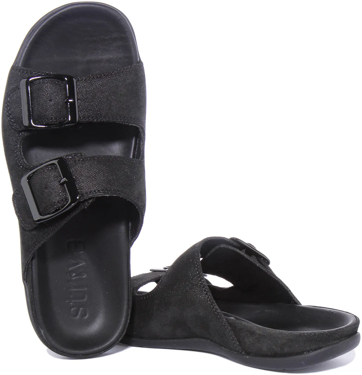 Strive Largo Sandalia de cuero con dos correas ajustables para mujer en negro