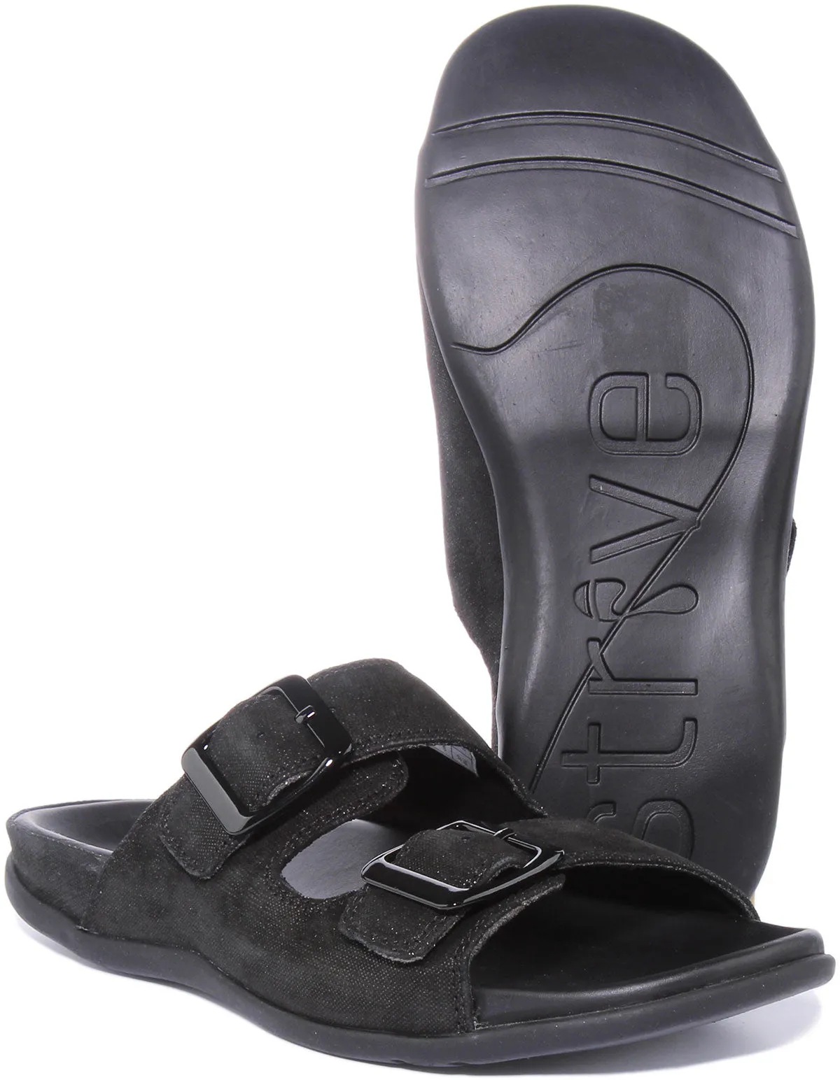 Strive Largo Sandalia de cuero con dos correas ajustables para mujer en negro