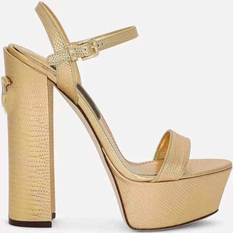 Tacones Sandalias Diseñadores Zapatos Cuero de vaca Rhinestone Hebilla 5D Impresión Decoración 15 cm Tacón alto Plataforma de me