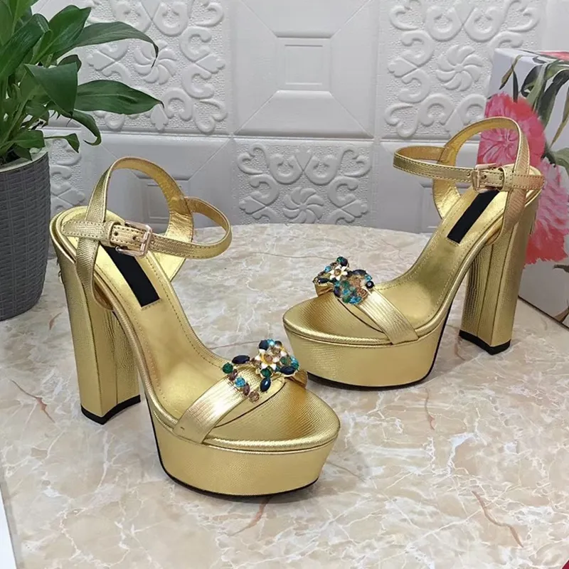 Tacones Sandalias Diseñadores Zapatos Cuero de vaca Rhinestone Hebilla 5D Impresión Decoración 15 cm Tacón alto Plataforma de me