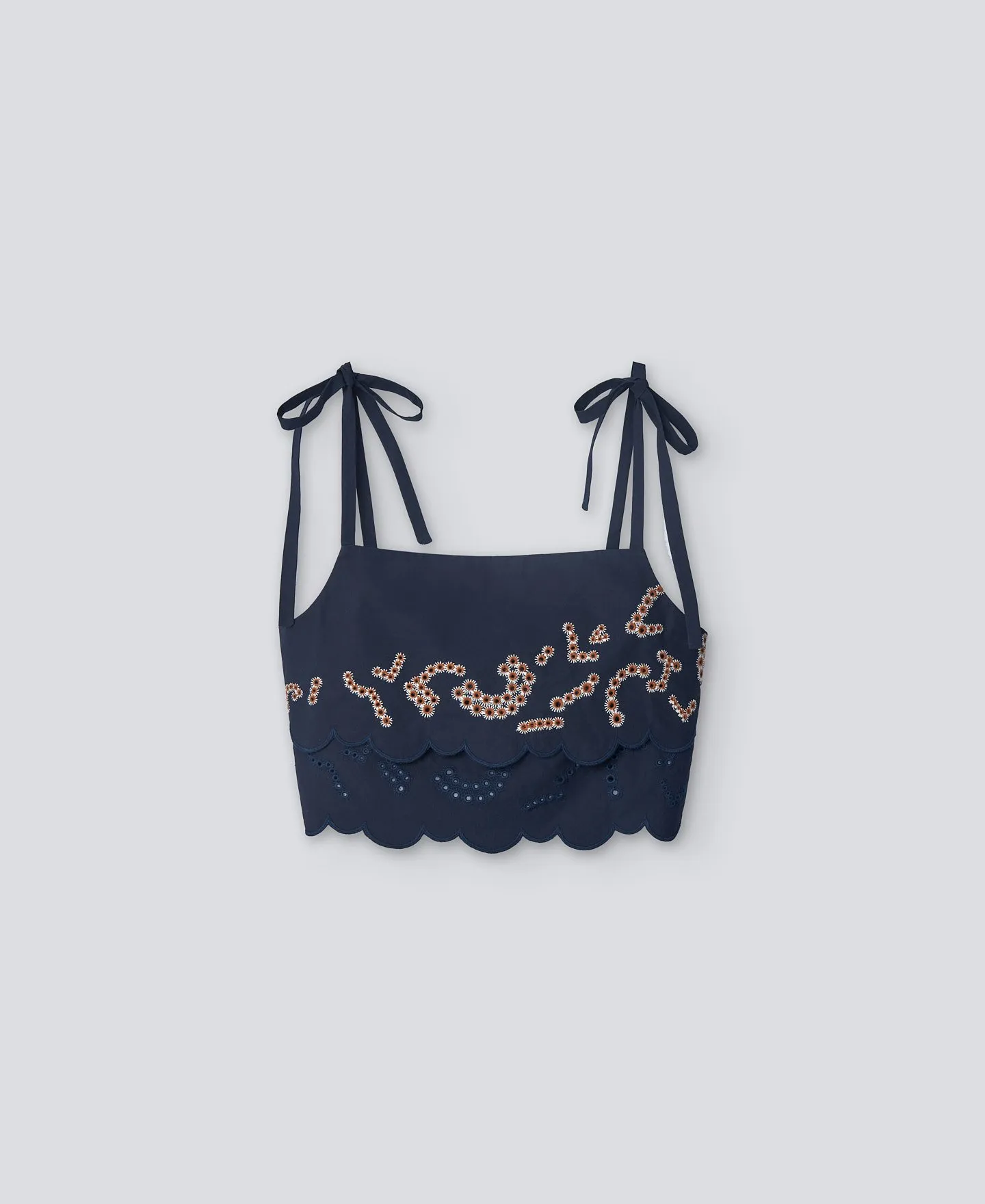 Top corto bordado azul marino mujer