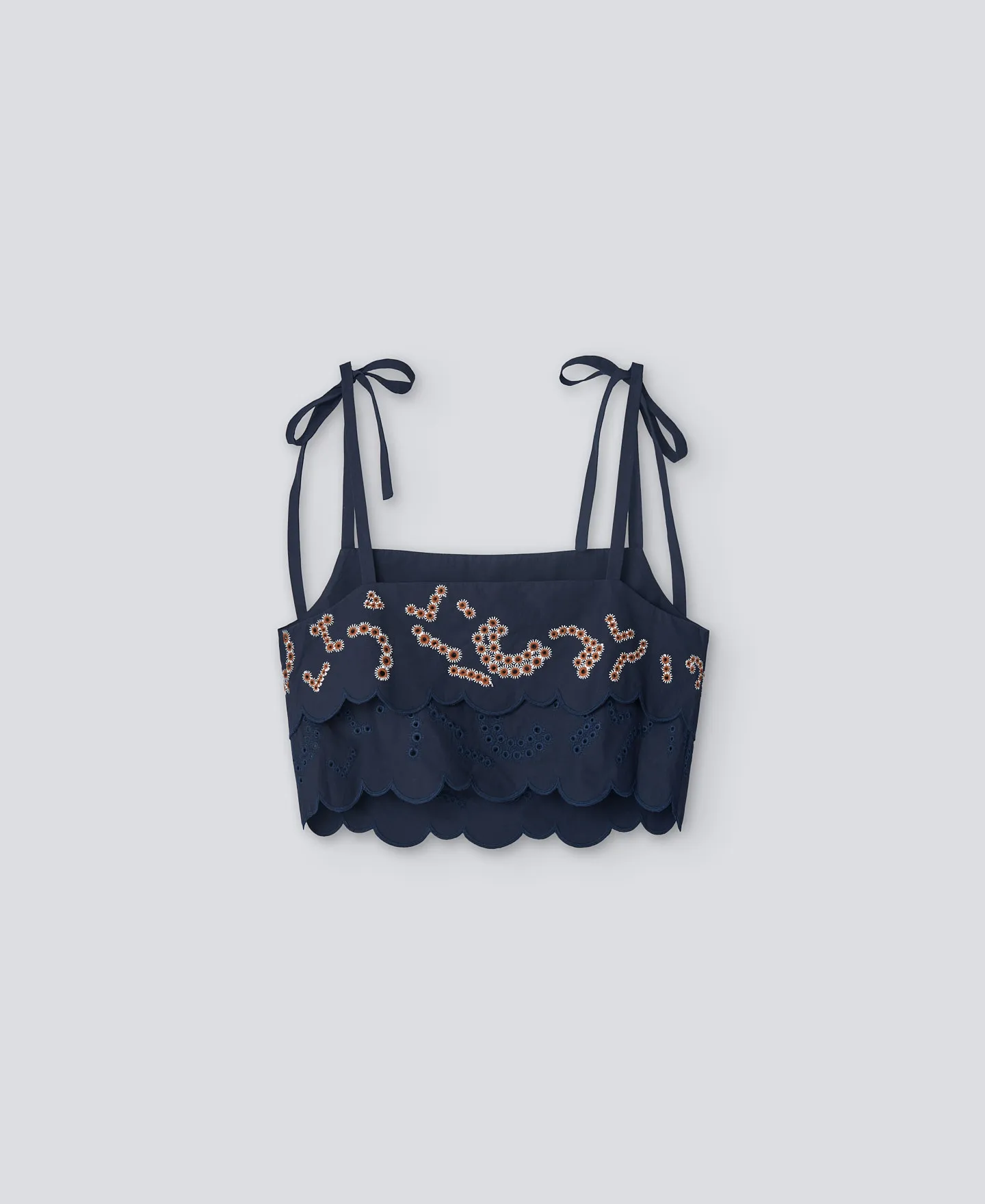 Top corto bordado azul marino mujer