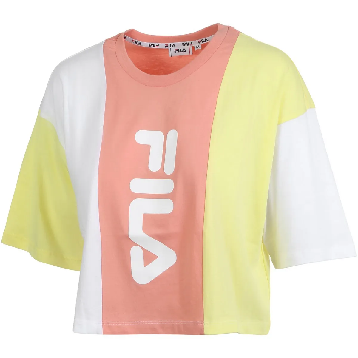 Top manga corta FILA chica Bai Cropped Tee Ref.687492 blanca salmón y amarilla logo fila vertical
