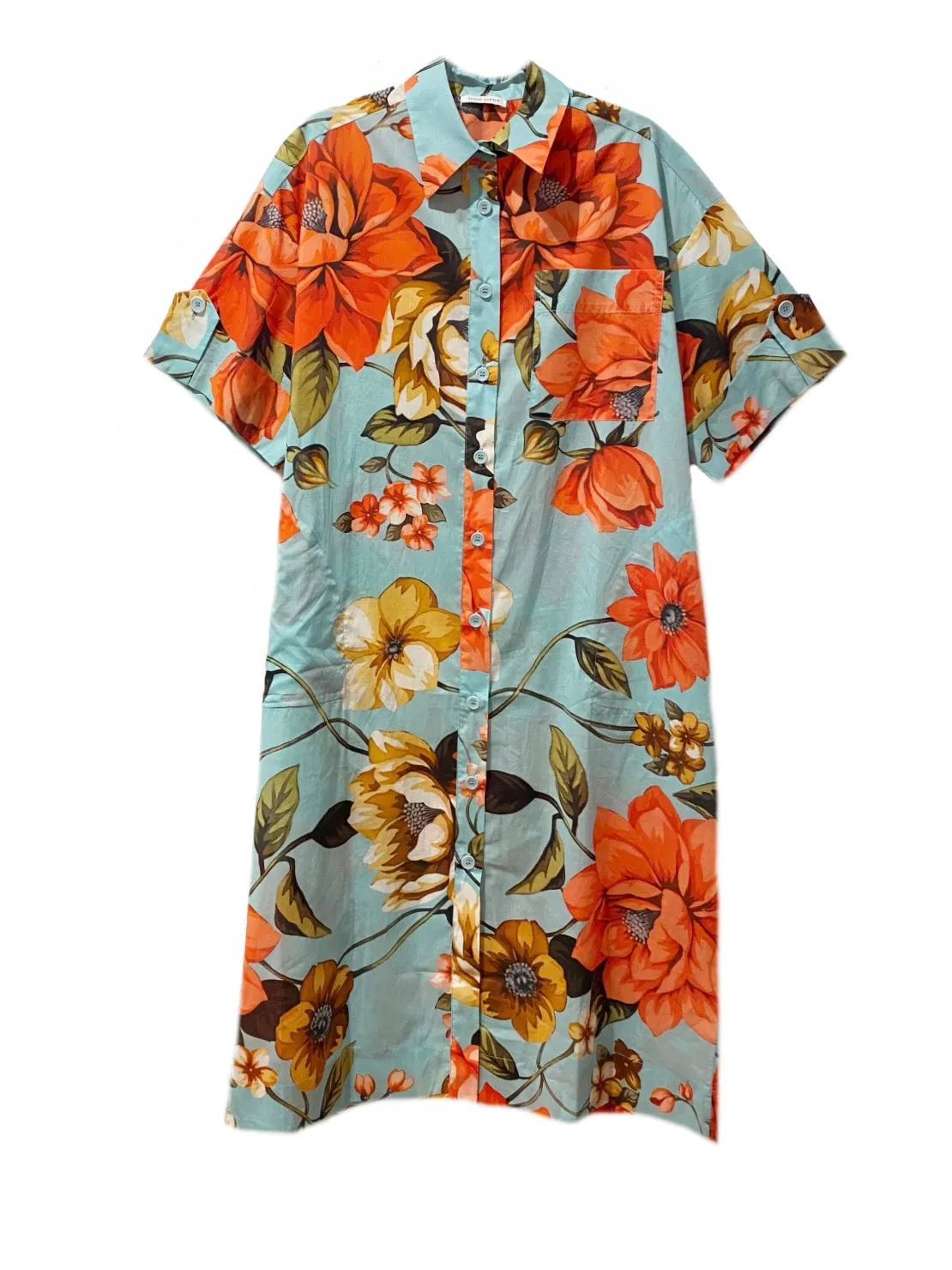 VESTIDO CAMISERO MANGA CORTA FLORAL TURQUESA