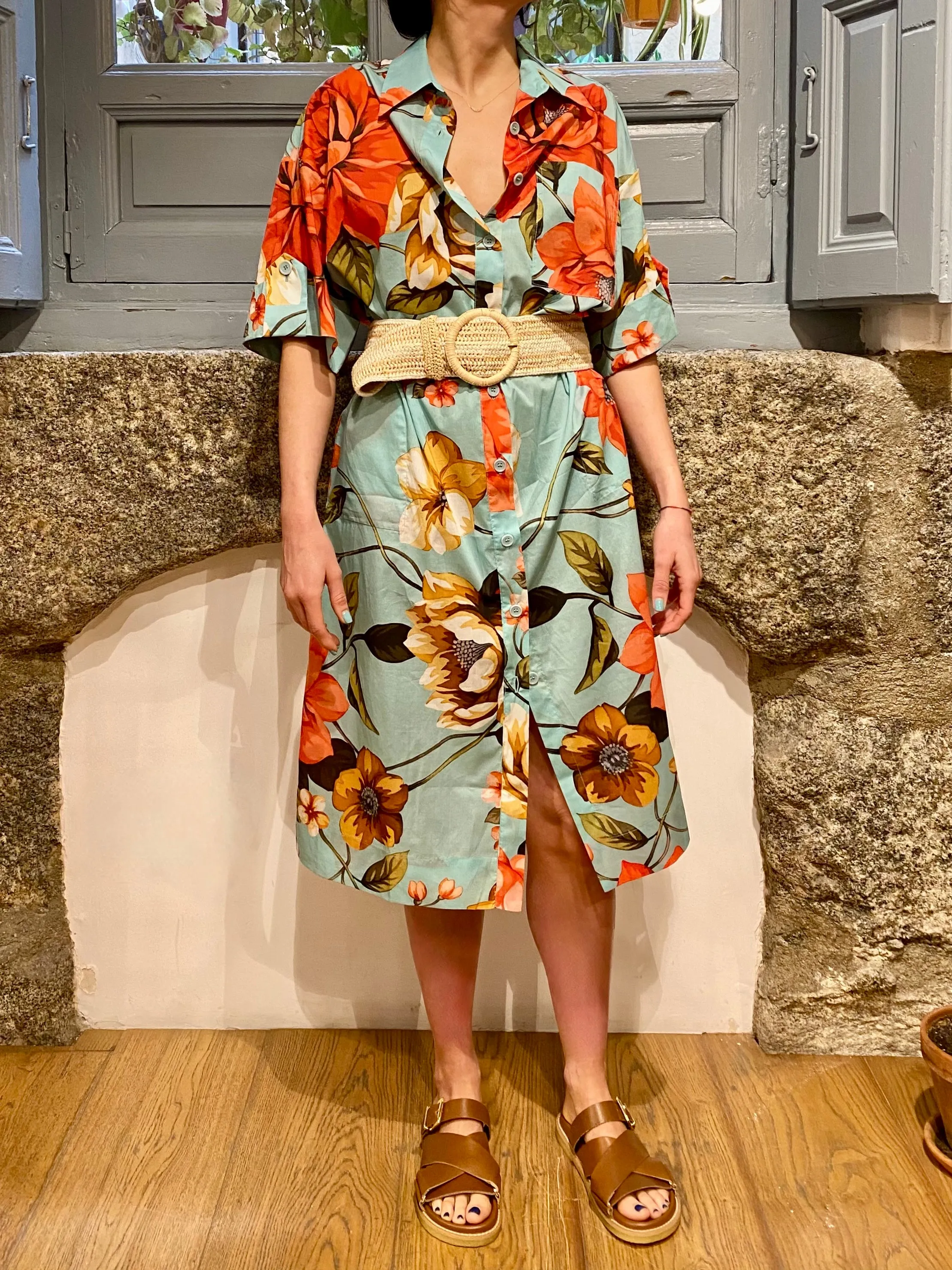 VESTIDO CAMISERO MANGA CORTA FLORAL TURQUESA