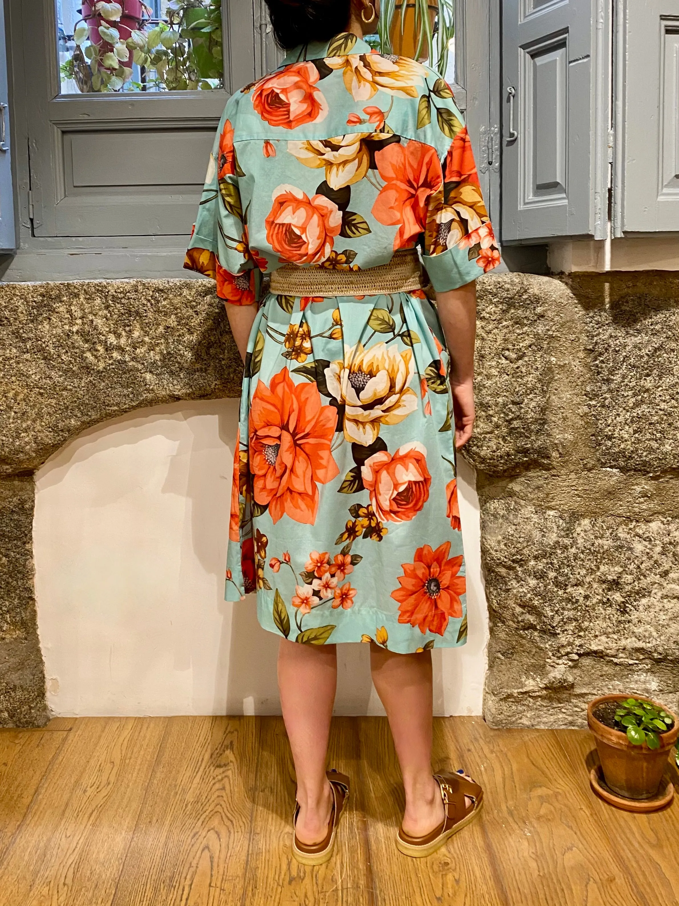 VESTIDO CAMISERO MANGA CORTA FLORAL TURQUESA