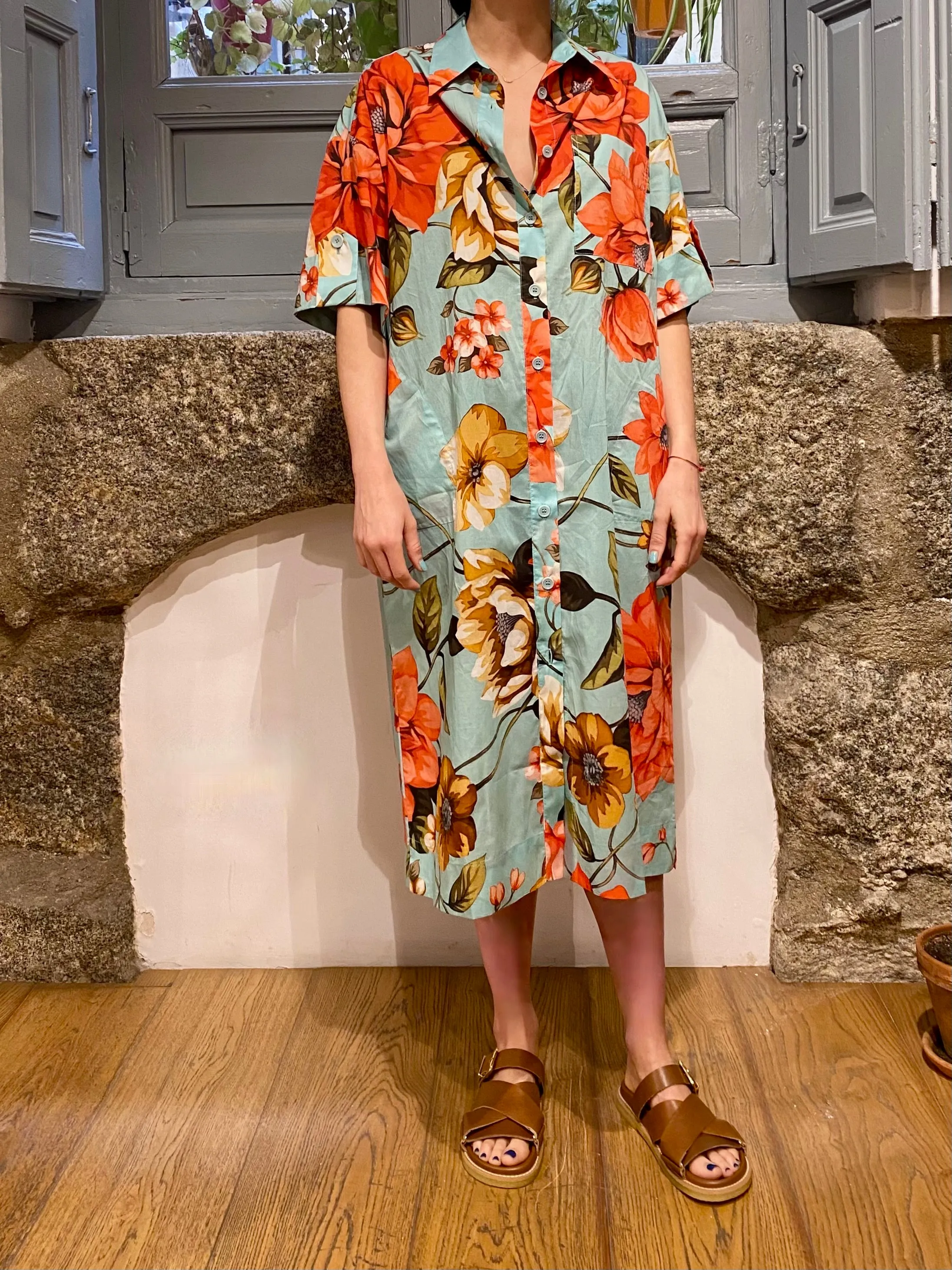 VESTIDO CAMISERO MANGA CORTA FLORAL TURQUESA