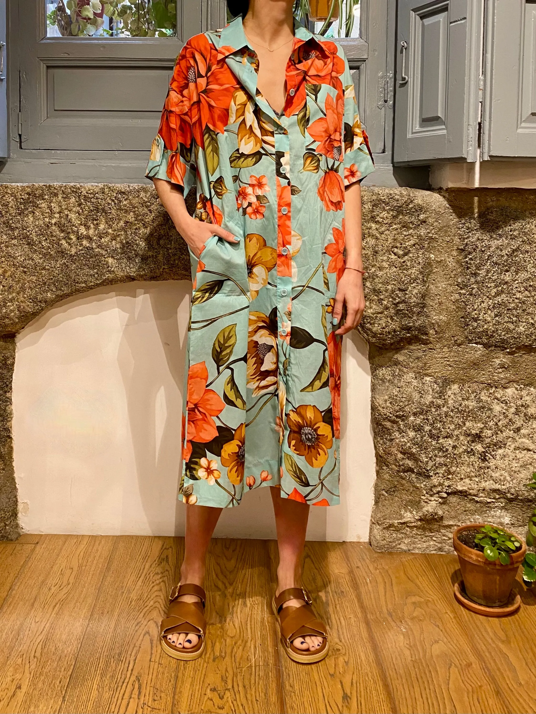 VESTIDO CAMISERO MANGA CORTA FLORAL TURQUESA
