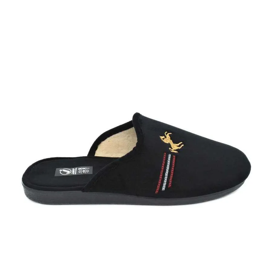 ZAPATILLA DE CASA DESCALZA NEGRO CÓMODA HOMBRE CHINELA ADORNO BORDADO 24258