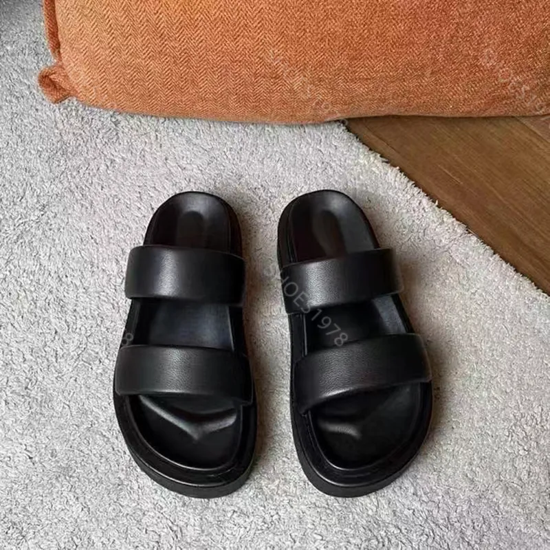 Zapatillas novedosas Zapatos para mujer Diapositivas Sandalias casuales Cuero suave Cómodo Matsuke Suela gruesa Sandalias de pla